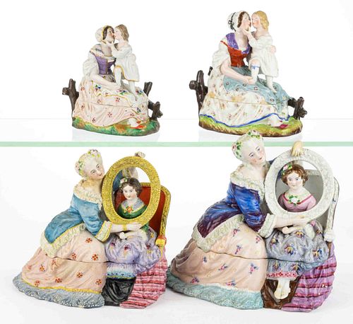CONTINENTAL HAND-PAINTED PORCELAIN FIGURAL GROUP COVERED INKSTANDS, LOT OF FOUR