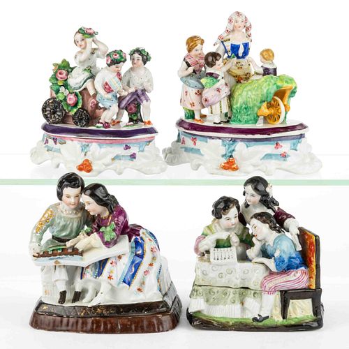 CONTINENTAL HAND-PAINTED PORCELAIN CHILDREN FIGURAL GROUP COVERED INKSTANDS, LOT OF FOUR