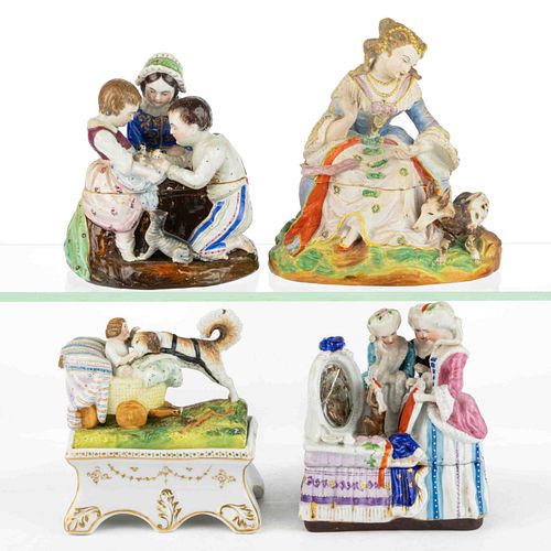 CONTINENTAL HAND-PAINTED PORCELAIN FIGURAL GROUP COVERED INKSTANDS, LOT OF FOUR