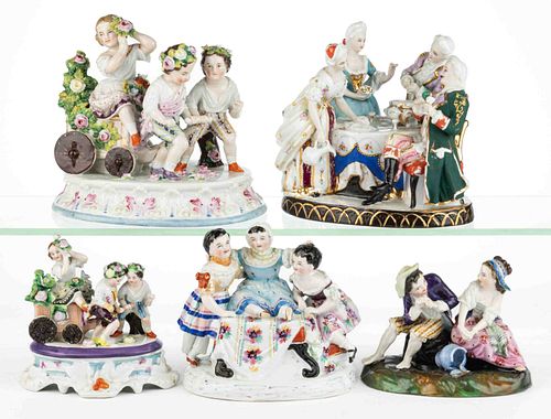 CONTINENTAL HAND-PAINTED PORCELAIN FIGURAL GROUPS / FAIRINGS, LOT OF FIVE