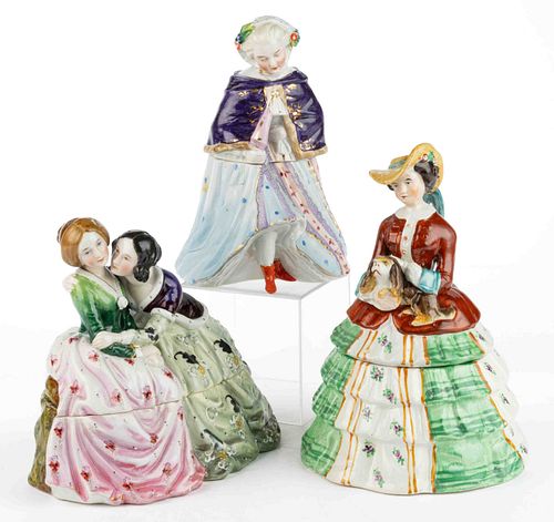 CONTINENTAL HAND-PAINTED PORCELAIN FIGURAL WOMEN DRESSER BOXES, LOT OF THREE