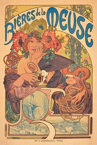 Alphonse Mucha BIERES DE LA MEUSE Poster, Signed