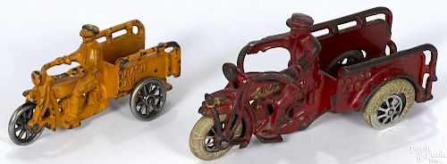 Two Hubley cast iron Crash Car three-wheel motorcycles, 6 3/4'' l. and 4 3/4'' l.