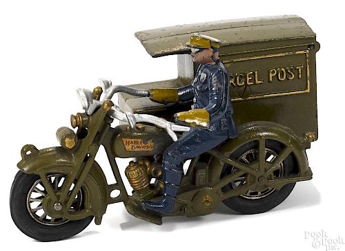 Hubley cast iron Parcel Post motorcycle, 9 1/2'' l.