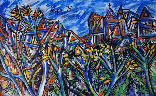 F.N. Souza Abstract Painting, Town Scene, 49"W
