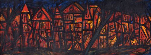 F.N. Souza Abstract Painting, Town Scene, 47"W