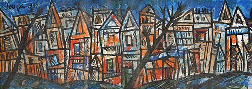 F.N. Souza Abstract Painting, Town Scene, 43"W
