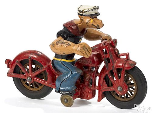 Hubley cast iron Popeye Patrol motorcycle, 8 1/2'' l.