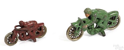 Two Hubley cast iron hillclimber motorcycles, the largest with embossed 7 jersey, 5 3/4'' l.