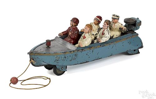 Extremely scarce Hubley cast iron Penn Yan speed boat pull toy with four passengers and a driver