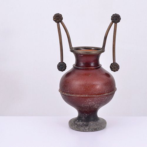 Large Bronze-Handled Glass Vase