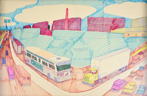 Wesley Willis Chicago Cityscape Drawing, 40"W