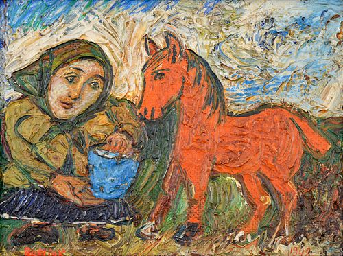David Burliuk Painting, Girl & Horse