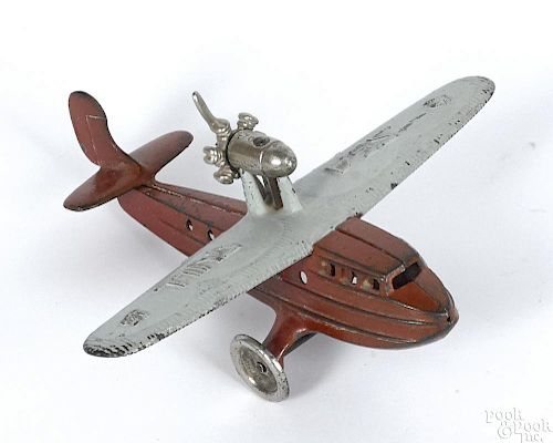 Kilgore cast iron Sea Gull airplane with a nickel-plated engine and propeller, 8 1/4'' wingspan.