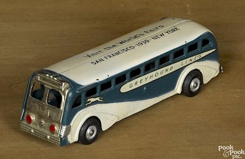 Arcade cast iron Greyhound Lines bus, inscribed Visit the World's Fairs San Francisco - 1939