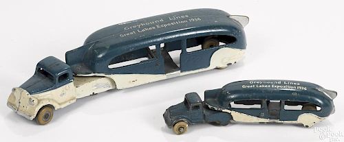 Two Arcade cast iron Greyhound Lines Great Lakes Exposition 1936 tandem buses, 10 3/4'' l.