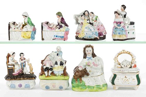 CONTINENTAL HAND-PAINTED PORCELAIN FIGURAL BOXES / FAIRINGS, LOT OF EIGHT