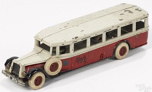 Arcade cast iron Mack 6 bus with a nickel-plated bumper, 13'' l.