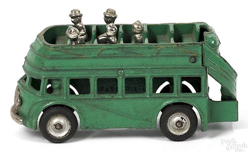 Arcade cast iron double decker bus with five replaced riders, 8'' l.
