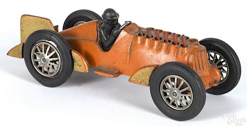 Hubley cast iron racer with a painted driver and articulated pistons, 10 3/4'' l.
