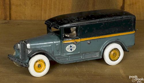 Arcade cast iron International panel van with a nickel-plated driver, 9 1/2'' l.