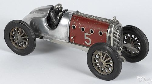 Hubley cast iron red devil no. 5 racer with a nickel-plated boat tail rear and a painted driver