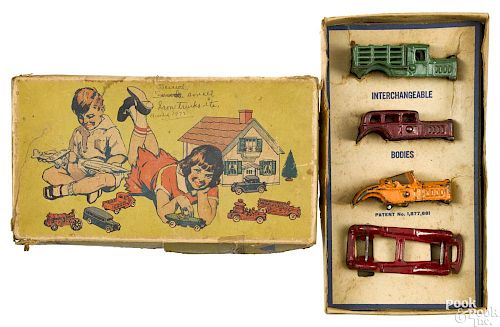 A.C. Williams boxed set no. 612 car and truck set with interchangeable bodies, in original box