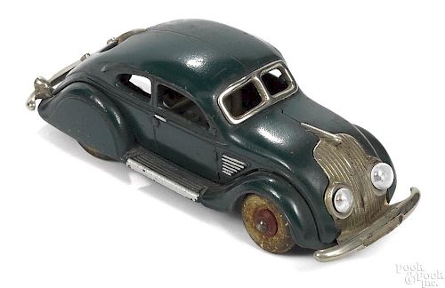 Hubley cast iron Chrysler Airflow coupe with battery-powered lights, 8'' l.