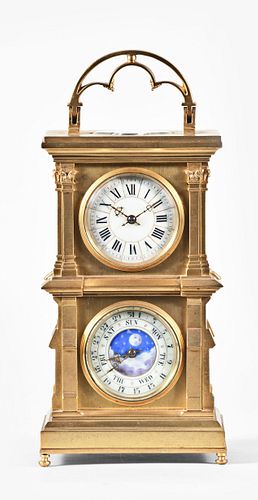 A gilt architectural gothic style desk clock with calendar attributed to Brunelot