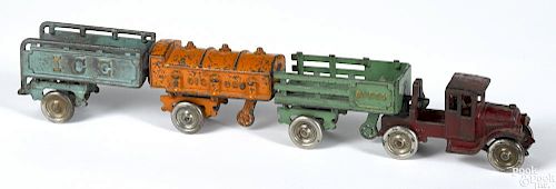 Kenton cast iron Speed delivery truck with Ice and Oil/Gas trailers, 21'' l.