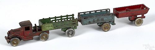 Kenton cast iron Speed delivery truck with Ice and Coal trailers, 18 1/2'' l.