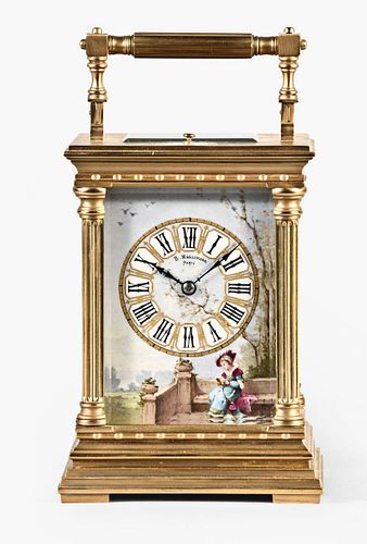 A good late 19th century repeating carriage clock with polychrome porcelain panels