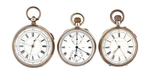 A lot of three silver pocket watches two with hacking sweep seconds and a chronograph