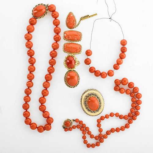 COLLECTION OF CORAL AND 14K GOLD JEWELRY
