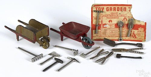 Arcade Toy Garden Set miniature nickel-plated garden tools, on the original card