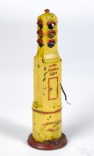 Grey Iron cast iron Department of Police traffic signal with a battery-operated light, 9 1/2'' h.