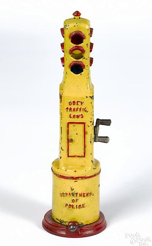 Grey Iron cast iron Department of Police traffic signal with a battery-operated light, 9 3/4'' h.