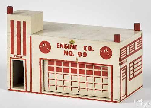 Arcade painted wood Engine Co. no. 99 fire station, 8 1/2'' h., 12 1/4'' w.