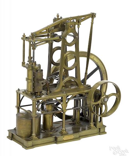 Finely crafted brass model walking beam engine, late 19th c., likely Belgian