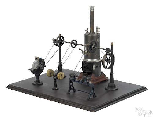 Marklin vertical steam engine with transmission and three tools, to include a grinding wheel