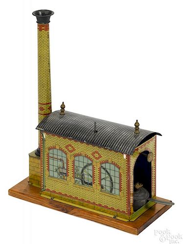 Ernst Plank steam powered tin lithograph factory building, on a wood base, with maker's plate