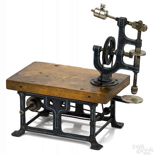 Marklin drill press, wood base with painted cast iron supports, 9 1/2'' h., 9 1/2'' w.
