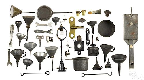 Miscellaneous tools for use with steam engines, to include a burner, funnels, etc.