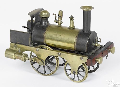 Stevens dockyard 2-2-0 steam powered brass locomotive, retaining a paint decorated boiler