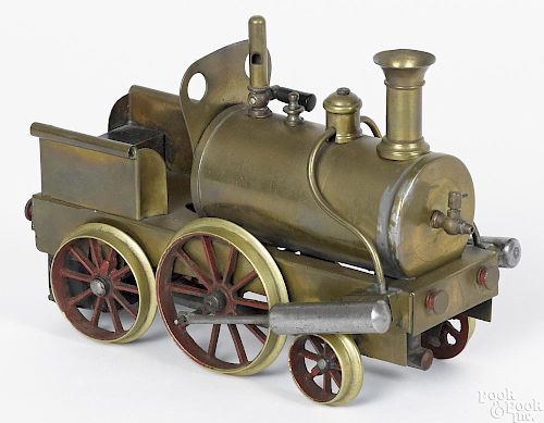 Schoenner 2-2-2 live steam brass locomotive, with interior tender, sight glass, and whistle