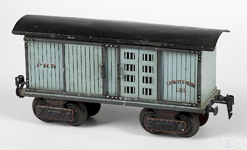 Marklin painted tin P.R.R. box train car, gauge 1, with a hinged roof