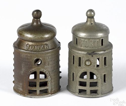 Two Kenton cast iron Fort and Tower still banks, 4'' h.