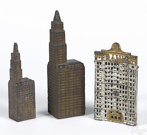 Three cast iron building still banks, to include two Kenton Woolworth buildings, 8'' h.