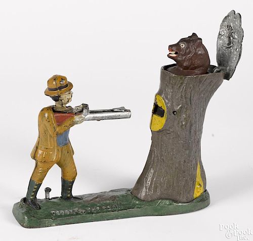 J. & E. Stevens cast iron Teddy and the Bear mechanical bank, gray tree version.