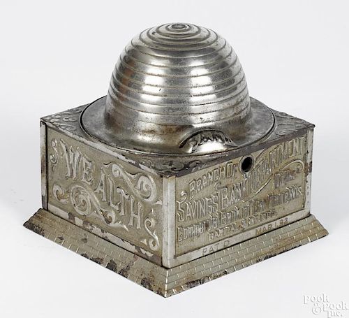 U.S. cast iron bee hive still bank, inscribed Branch of Savings Bank Department Commercial Bank
